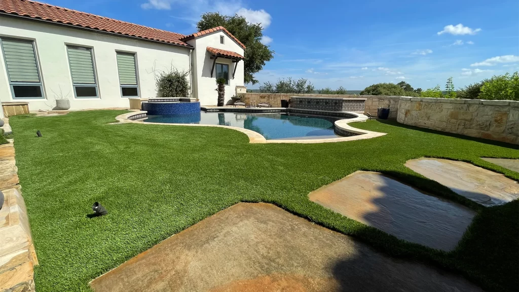 "Turf installation near me" - Dallas poolside yard artificial grass.